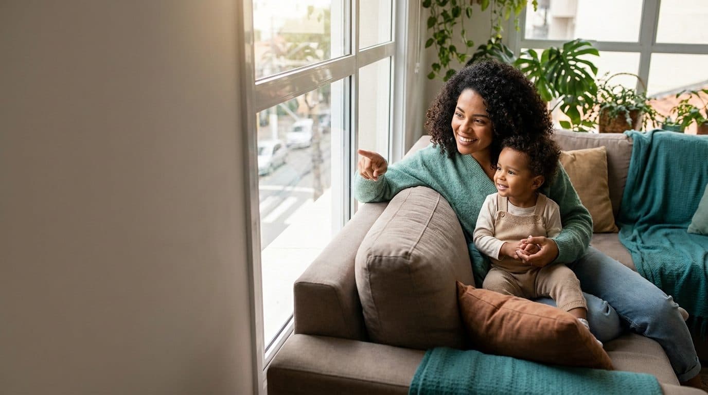 Mãe e filho pequeno sorrindo juntos no sofá, olhando pela janela — Blog MedicMe