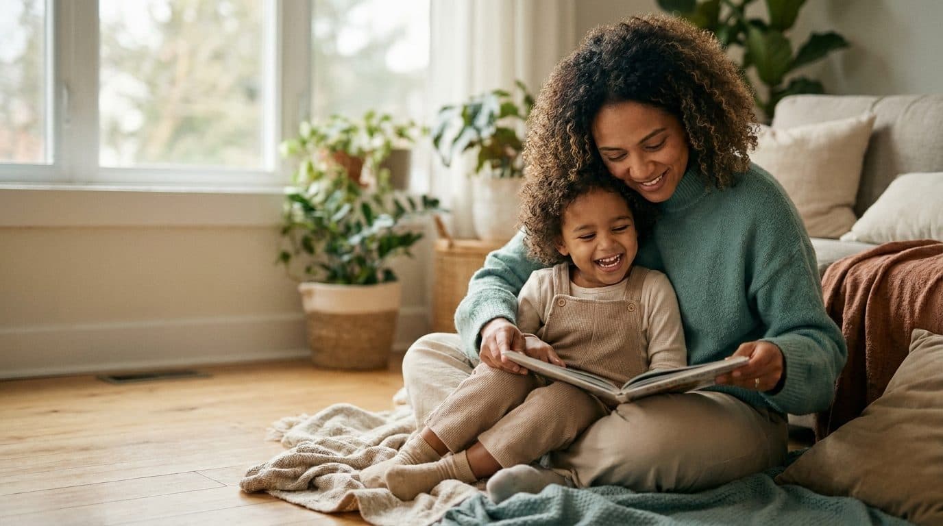 Mãe sorrindo com o filho pequeno no colo, lendo um livro juntos numa sala iluminada — Blog MedicMe