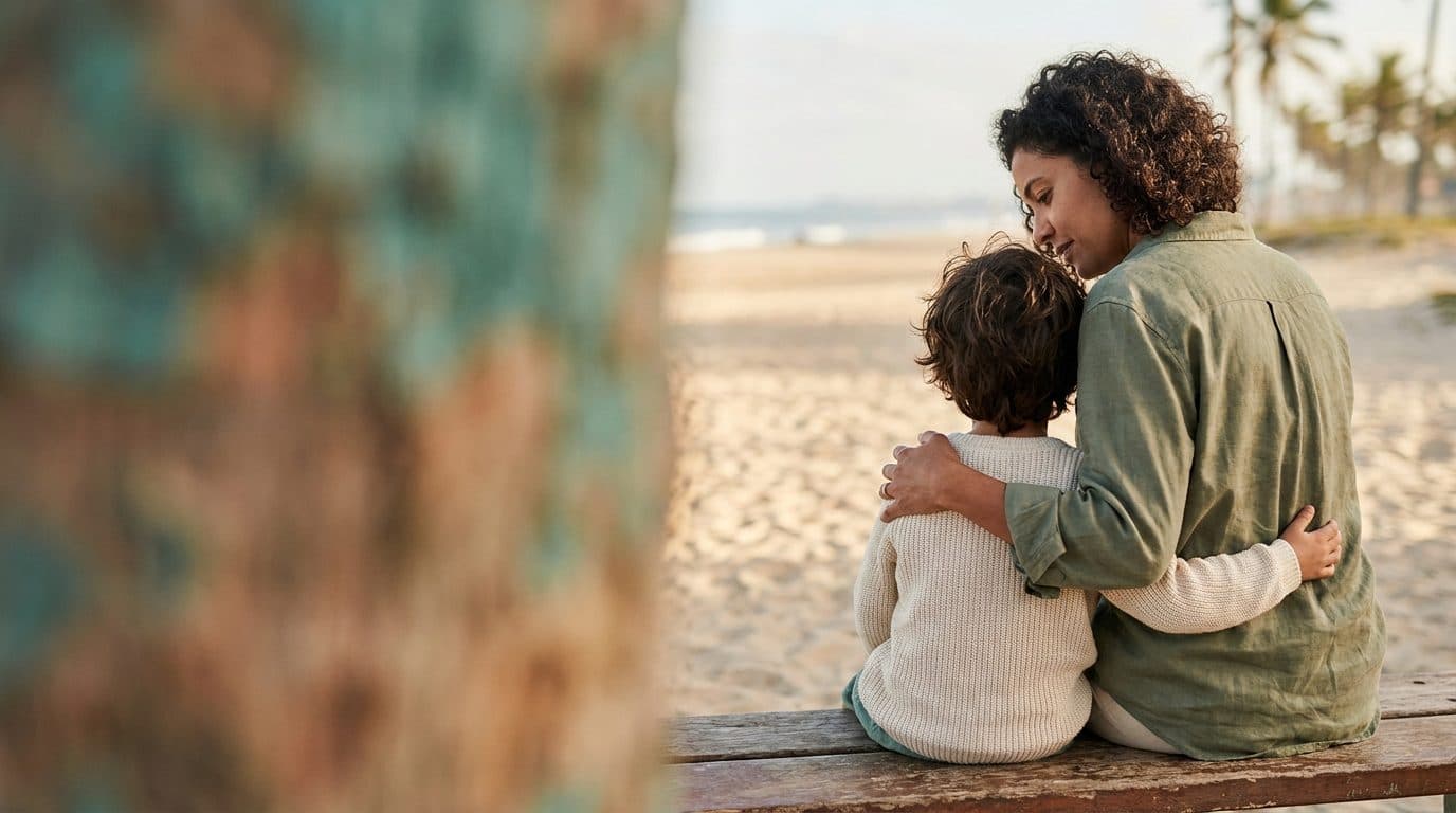 Mãe abraçando o filho sentados num banco de frente para a praia — Blog MedicMe