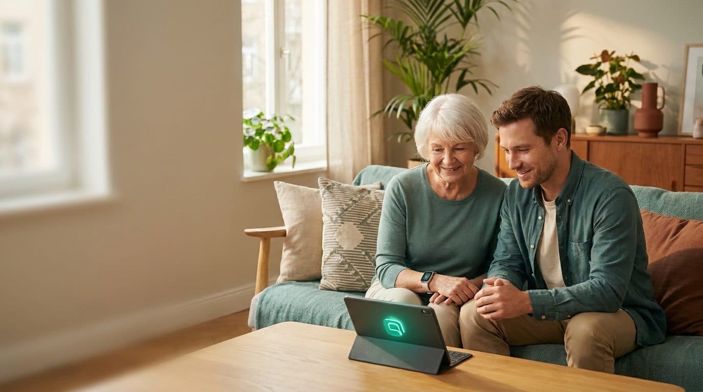 Filho e mãe idosa conversando com tranquilidade sobre um relógio com GPS — Blog MedicMe