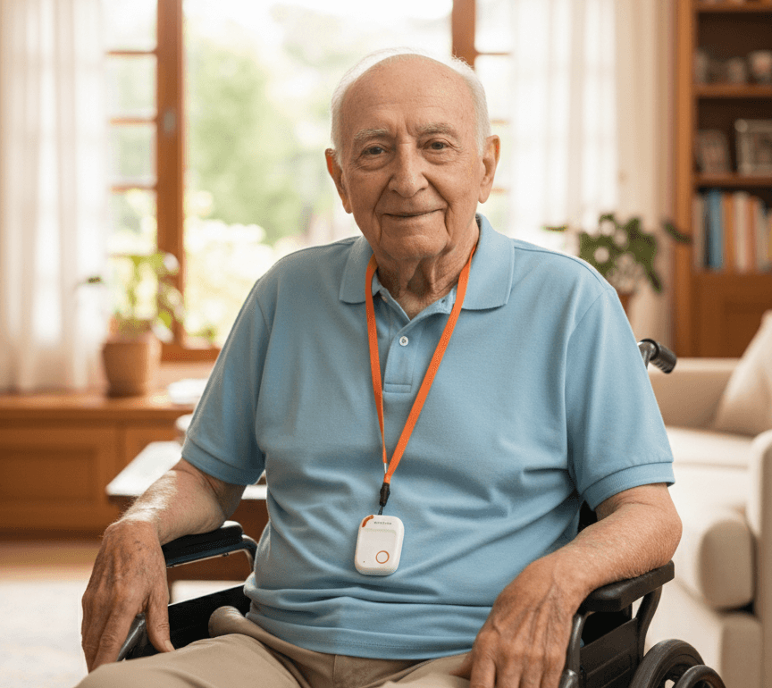 Idosa usando o dispositivo MedicMe com tranquilidade