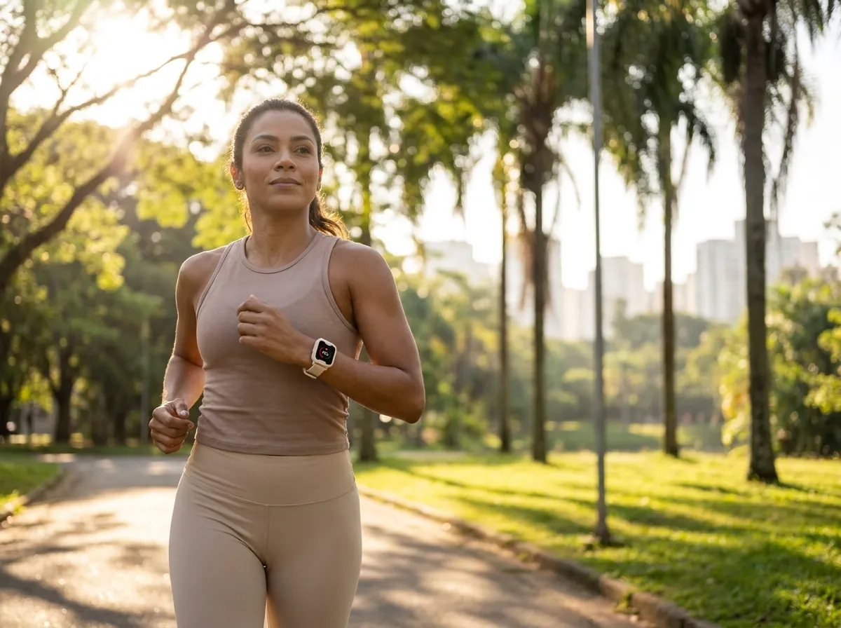 Mulher correndo no parque de manhã com o relógio Comfort Q branco