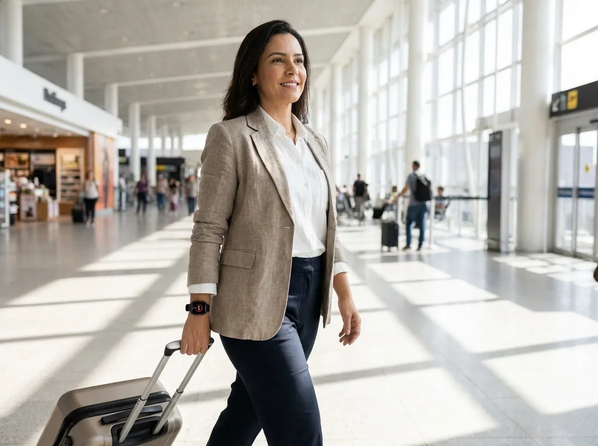 Mulher viajando sozinha no aeroporto com o relógio Comfort Q preto