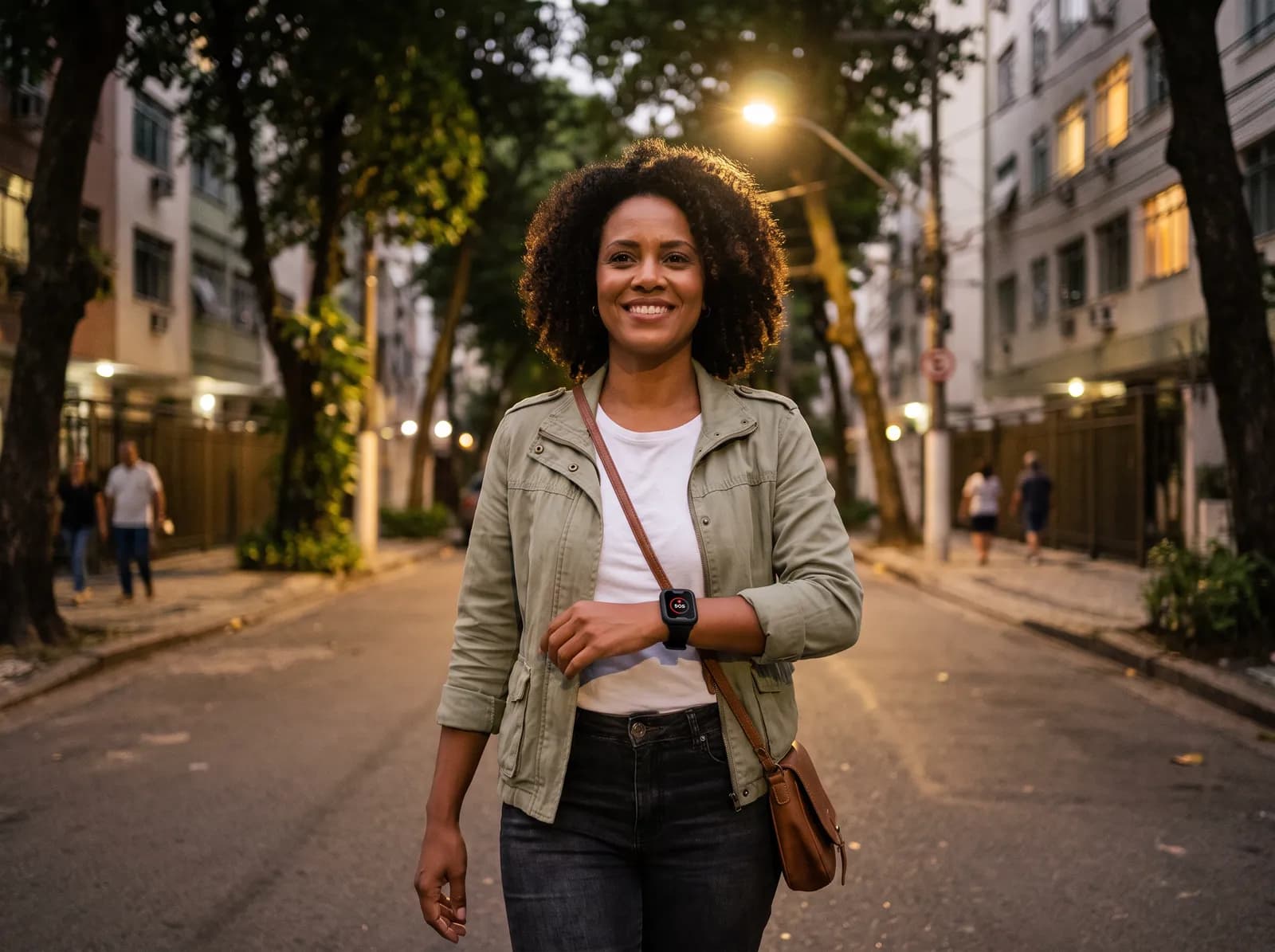 Mulher voltando para casa ao entardecer com o relógio Comfort Q preto no pulso